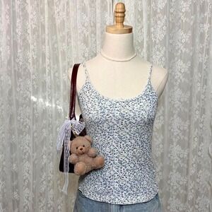 Blue & White Floral Cami Tank Top Made‎ In Italy Size Small Bow Lace Trim